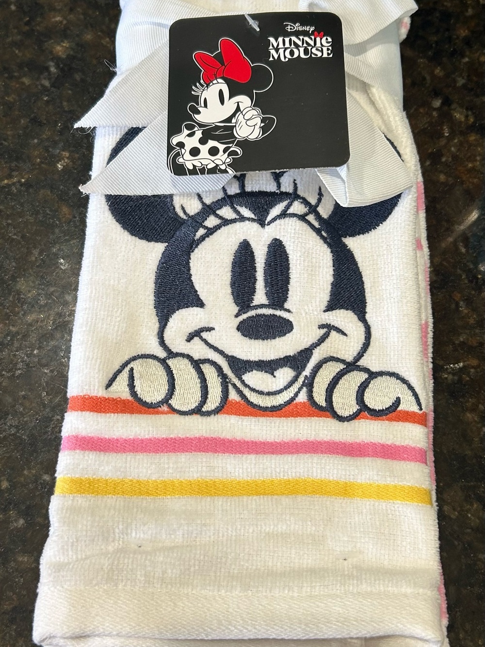 Disney Minnie Mouse White Black Pink Orange Yellow Striped Towel 2 Towels